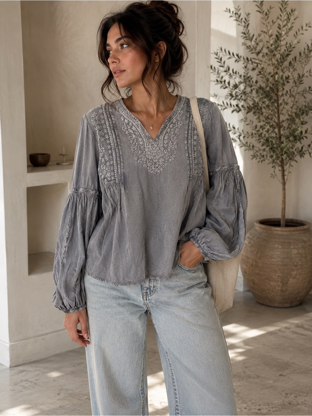 Solitaire Women's Elegant Boho Embroidered Long Sleeve
Rayon Top Size M